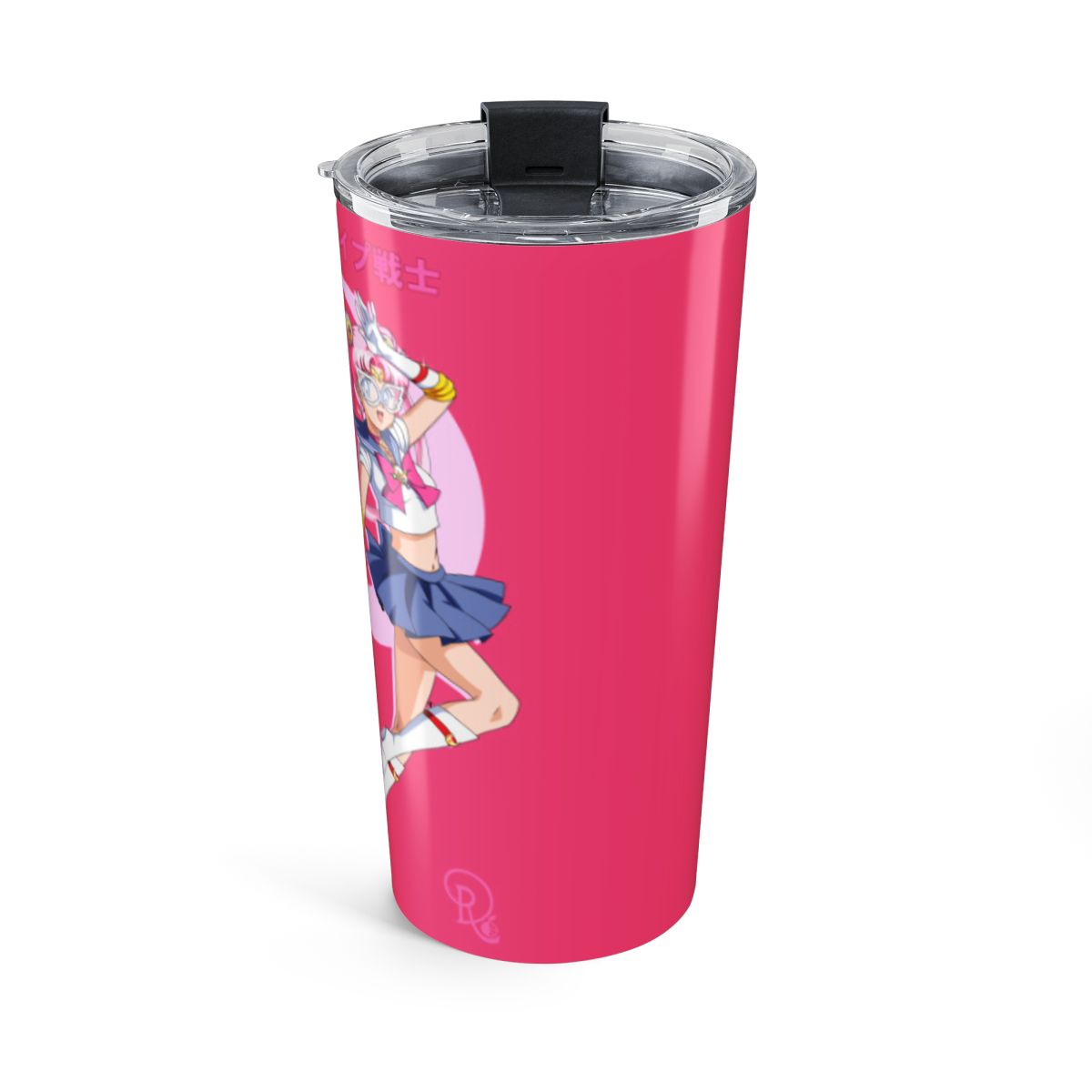 A light pink Stanley tumbler with a handle, straw, and lid. The tumbler is decorated with gold line art of anime characters. The Stanley logo is visible. The tumbler is on a white stand - alternate angle 2, merchandise
