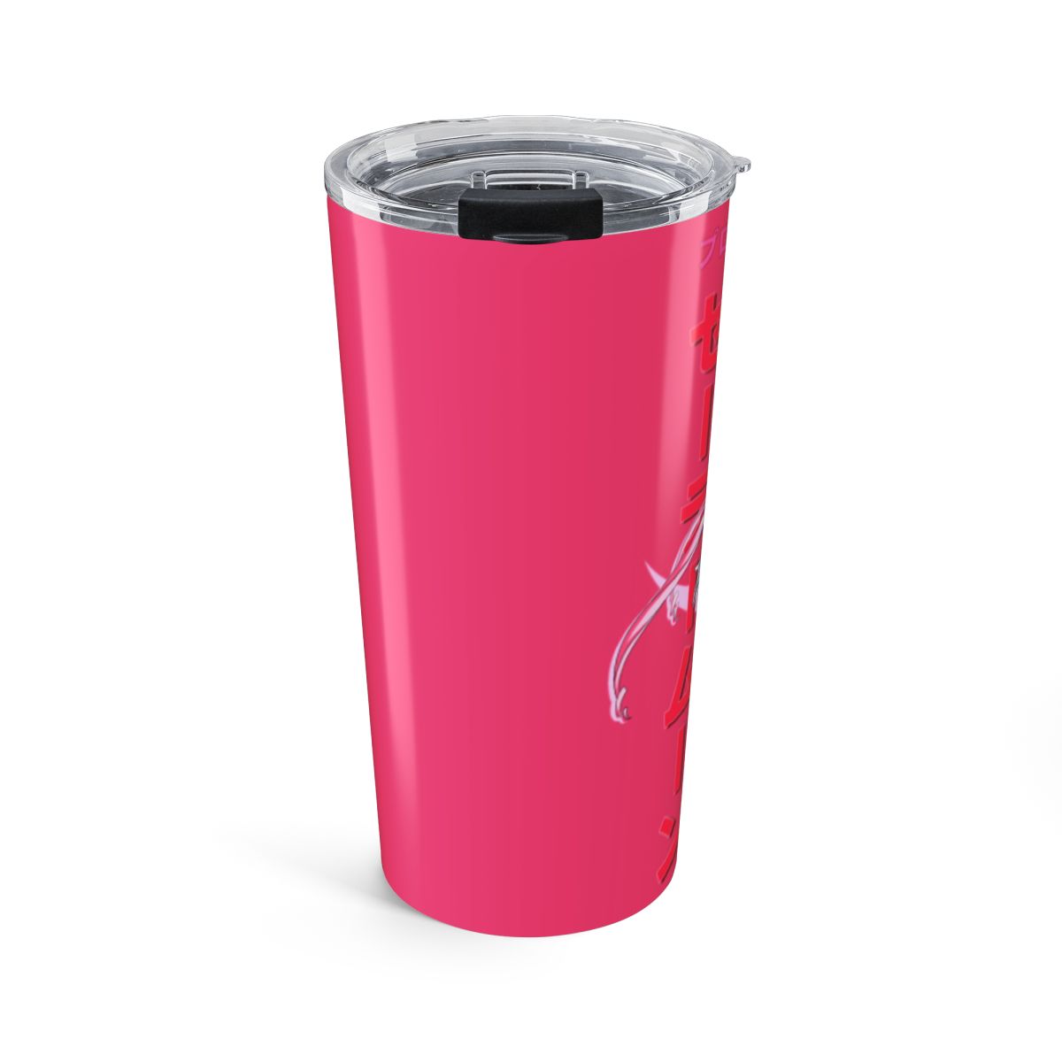 A light pink Stanley tumbler with a handle, straw, and lid. The tumbler is decorated with gold line art of anime characters. The Stanley logo is visible. The tumbler is on a white stand - alternate angle 1, merchandise