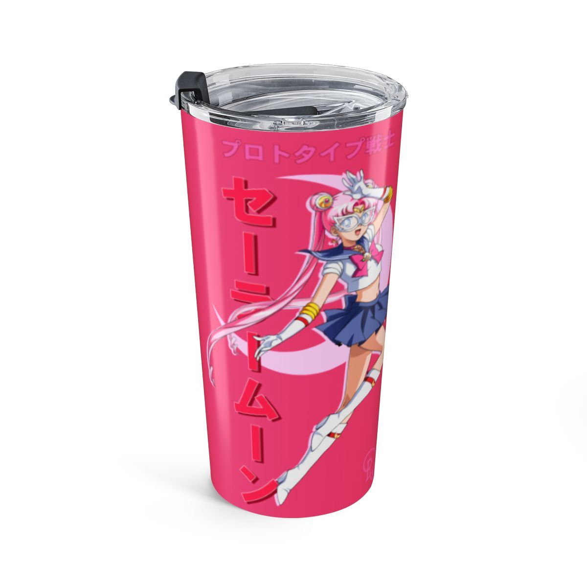 A light pink Stanley tumbler with a handle, straw, and lid. The tumbler is decorated with gold line art of anime characters. The Stanley logo is visible. The tumbler is on a white stand
