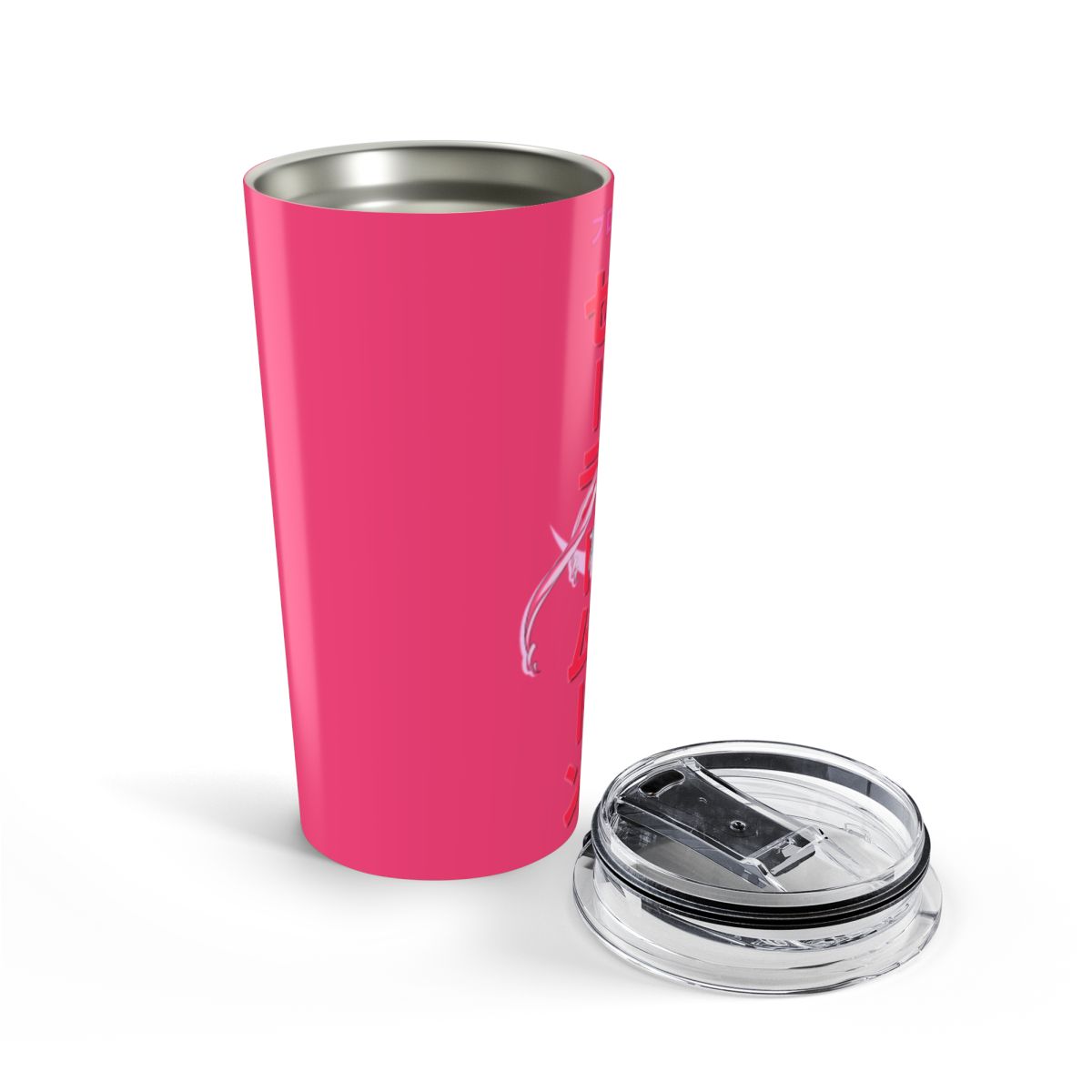 A light pink Stanley tumbler with a handle, straw, and lid. The tumbler is decorated with gold line art of anime characters. The Stanley logo is visible. The tumbler is on a white stand - alternate angle 4, merchandise