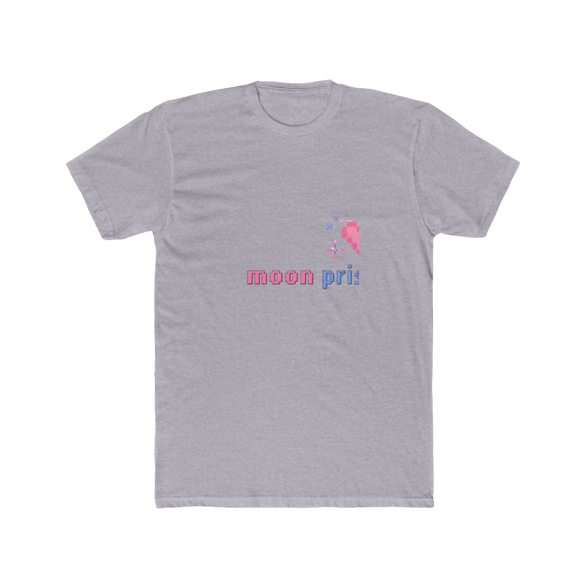 A black T Shirt with a pink pixelated heart and the text "moon prism power" in purple and blue - alternate angle 5, merchandise