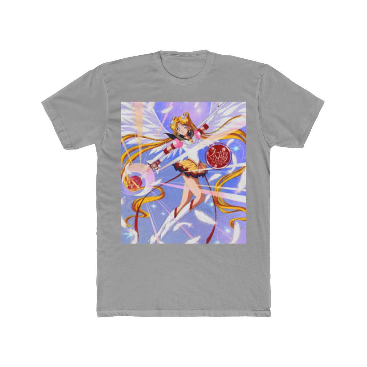 A black T Shirt with a pink pixelated heart and the text "moon prism power" in purple and blue