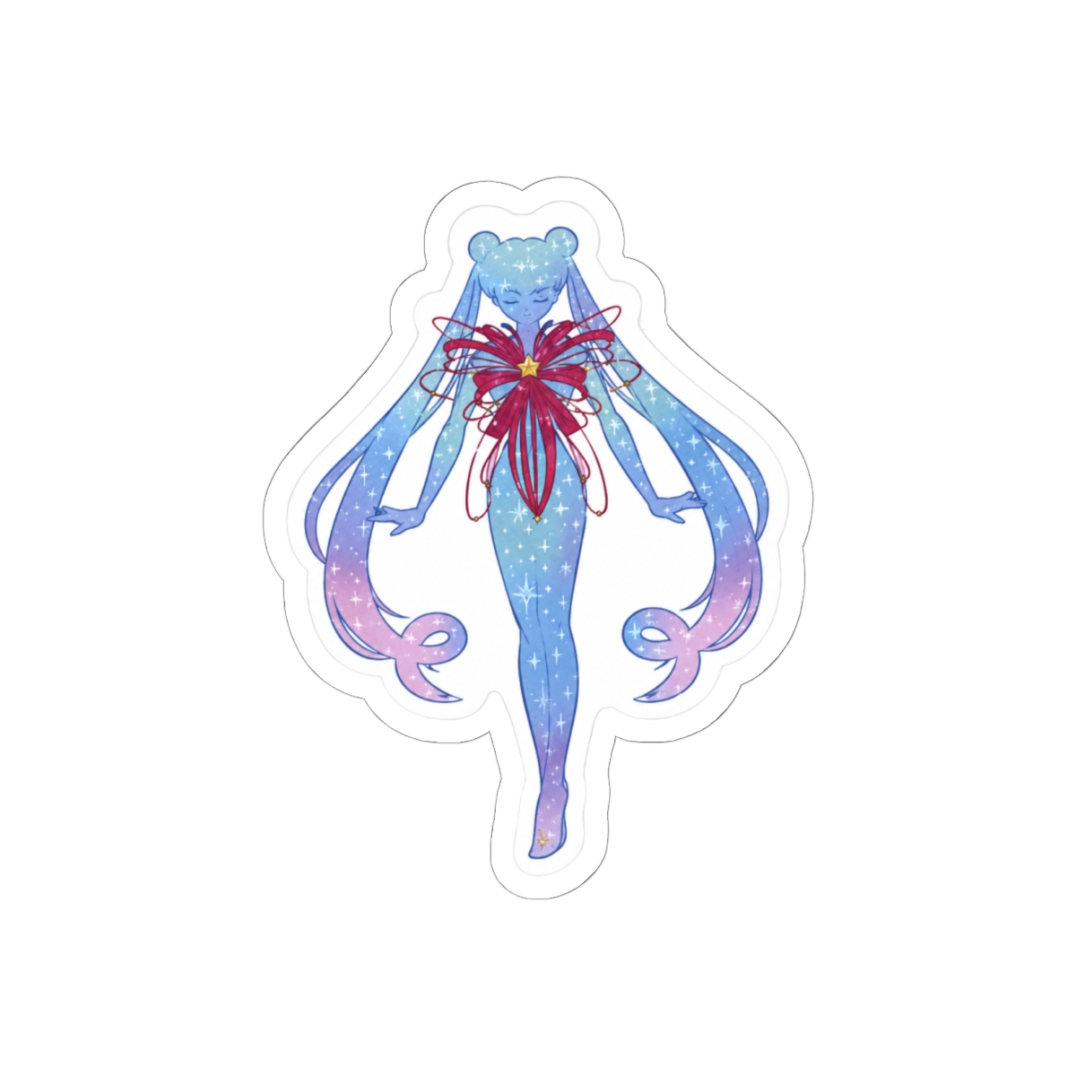 A sticker featuring a blue and pink anime character with a red bow and stars. The character is standing with their arms outstretched