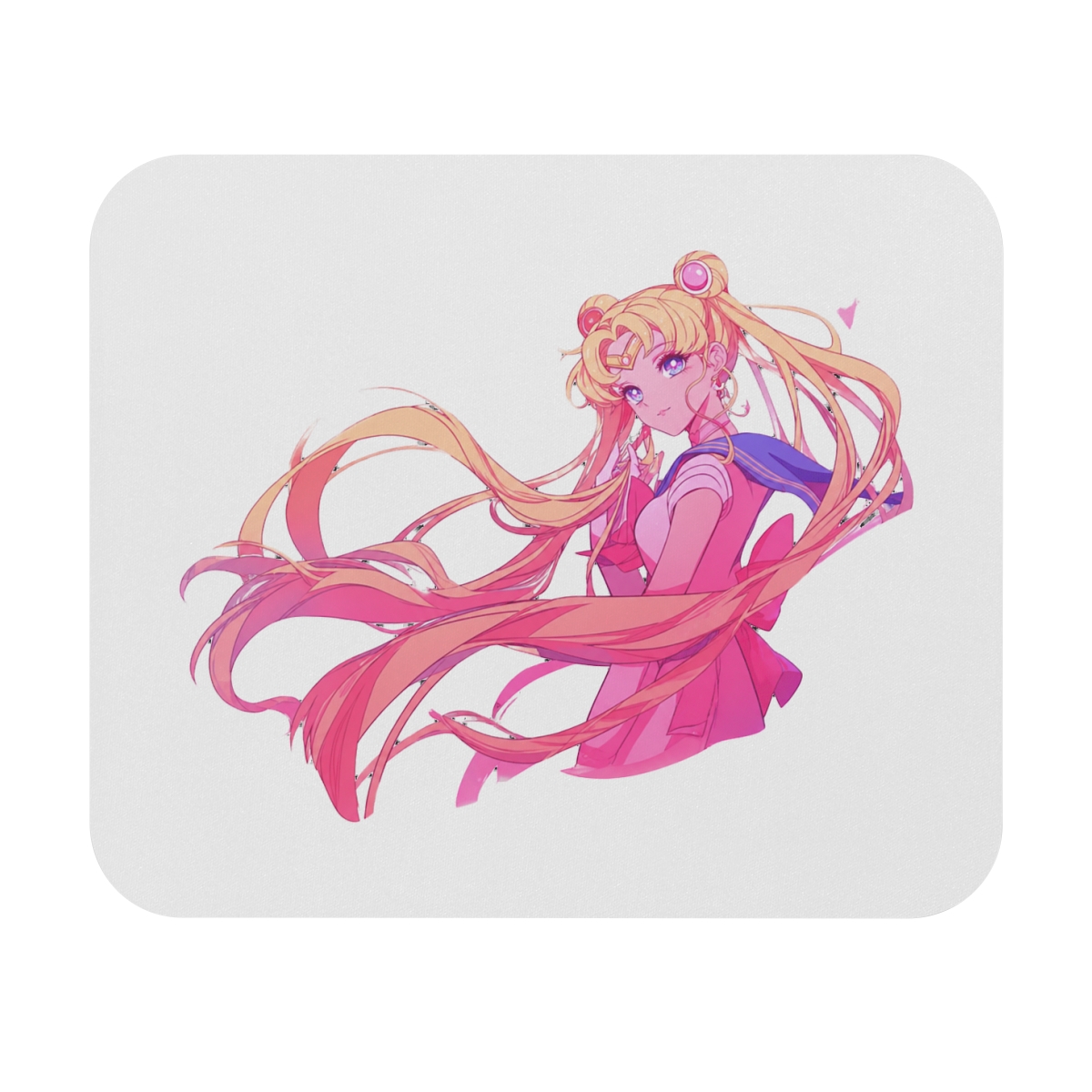 A rectangular mousepad with a colourful anime illustration of a character with long blonde hair and a pink outfit. The mousepad has a blue and pink colour scheme with a glowing blue border. A black...