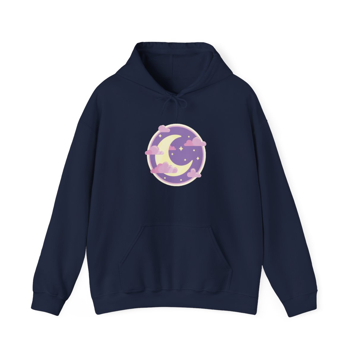 Pale pink hoodie featuring a crescent moon, clouds, and stars design within a purple circle. Sleeves display a pattern of yellow stars. The hoodie includes a front pocket and a hood
