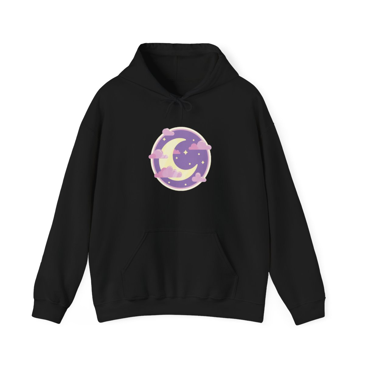 Pale pink hoodie featuring a crescent moon, clouds, and stars design within a purple circle. Sleeves display a pattern of yellow stars. The hoodie includes a front pocket and a hood - alternate angle 2, merchandise