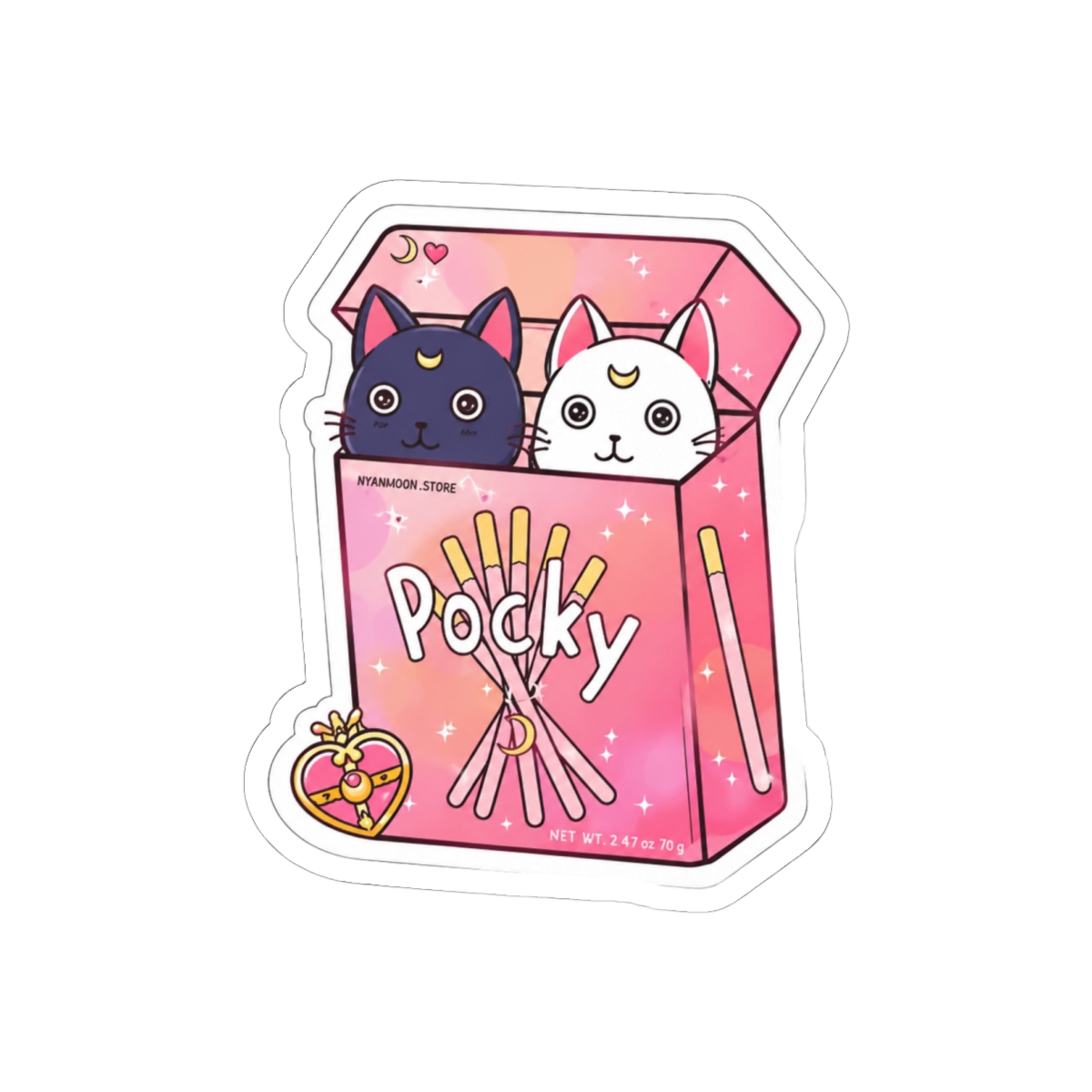 A sticker depicting a pink Pocky box with two cat characters. One cat is black with a crescent moon, the other is white with a crescent moon. The box has the word "Pocky" on it, and the sticker has a...
