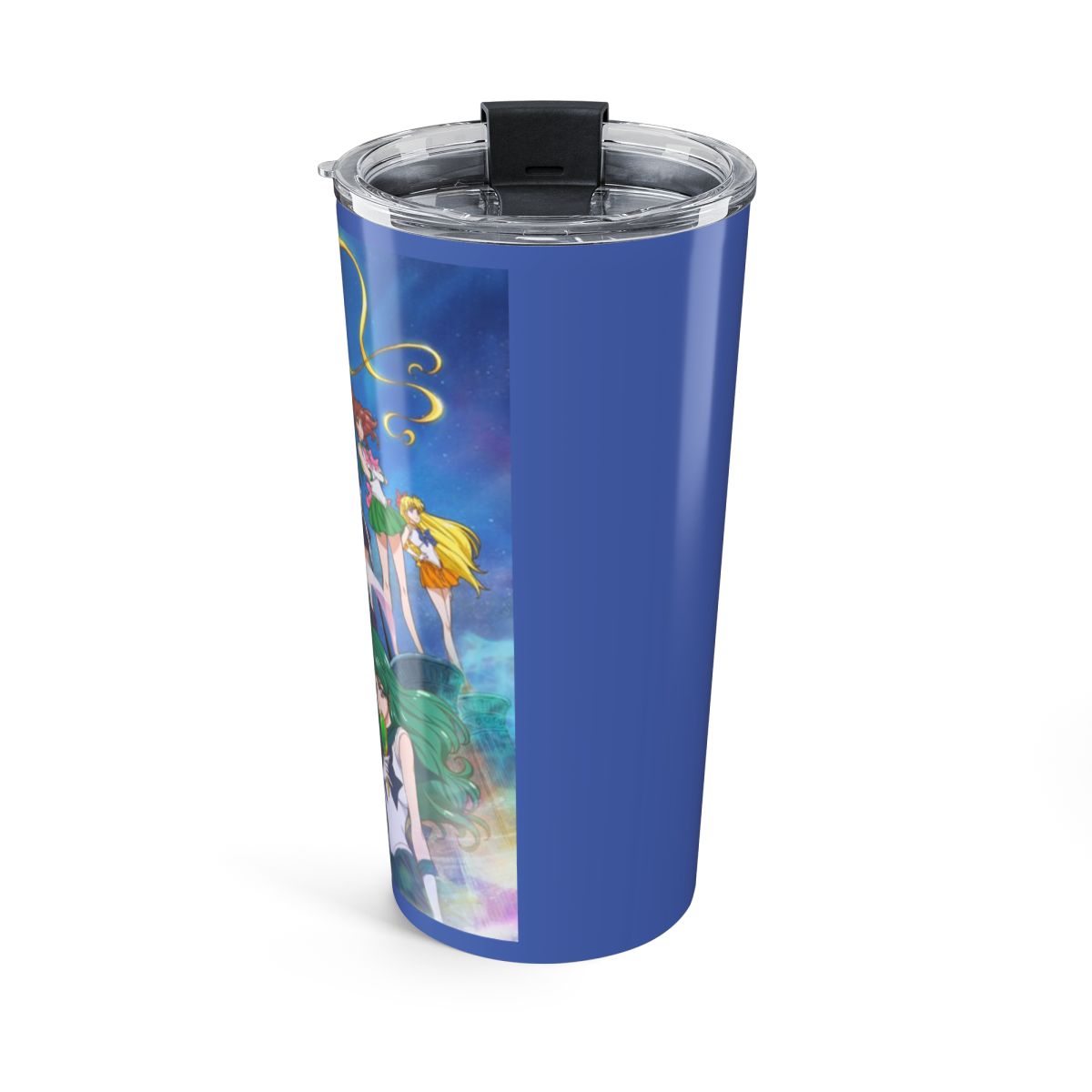 A white Stanley tumbler with a gold rim, handle, and straw. The tumbler features gold illustrations of anime characters and symbols. The Stanley logo is printed in blue. The tumbler is designed for... - alternate angle 2, merchandise