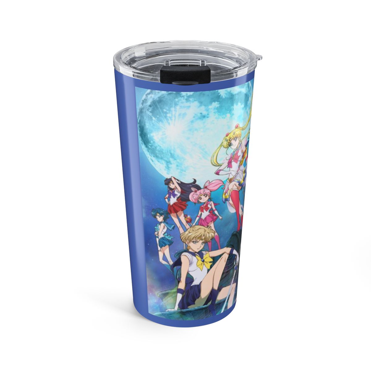 A white Stanley tumbler with a gold rim, handle, and straw. The tumbler features gold illustrations of anime characters and symbols. The Stanley logo is printed in blue. The tumbler is designed for... - alternate angle 1, merchandise