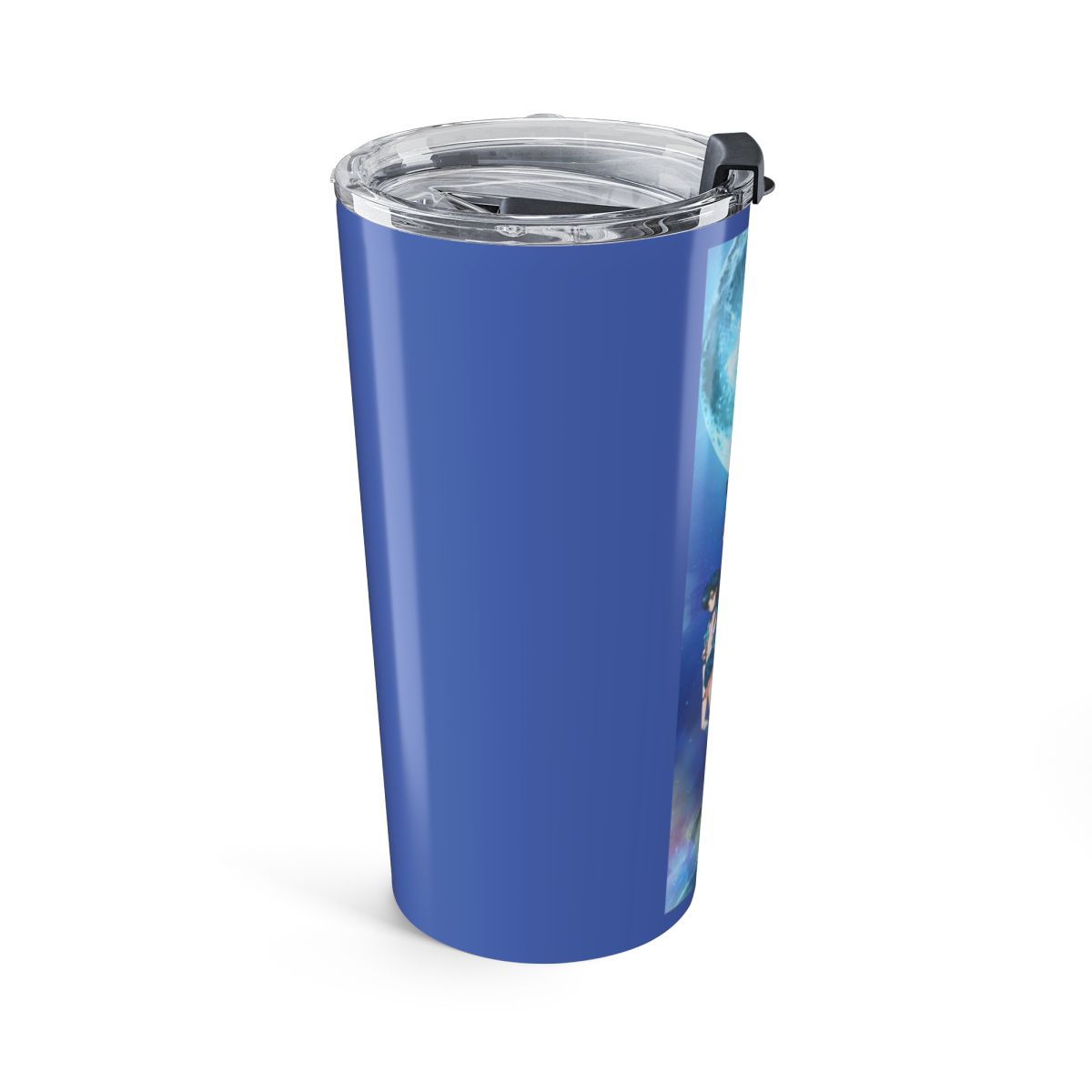 A white Stanley tumbler with a gold rim, handle, and straw. The tumbler features gold illustrations of anime characters and symbols. The Stanley logo is printed in blue. The tumbler is designed for... - alternate angle 3, merchandise