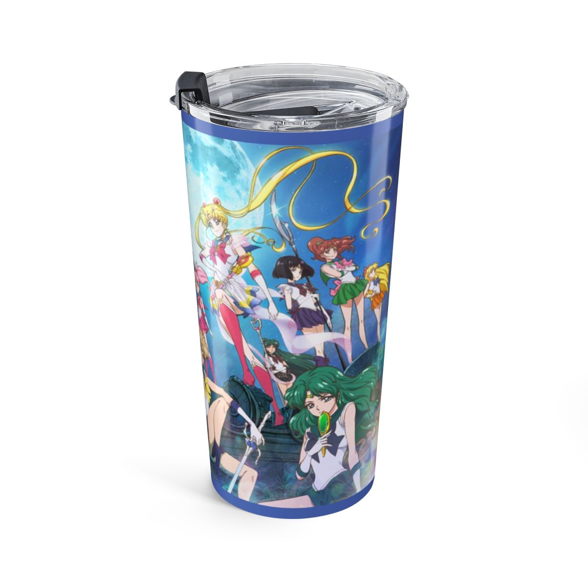 A white Stanley tumbler with a gold rim, handle, and straw. The tumbler features gold illustrations of anime characters and symbols. The Stanley logo is printed in blue. The tumbler is designed for...