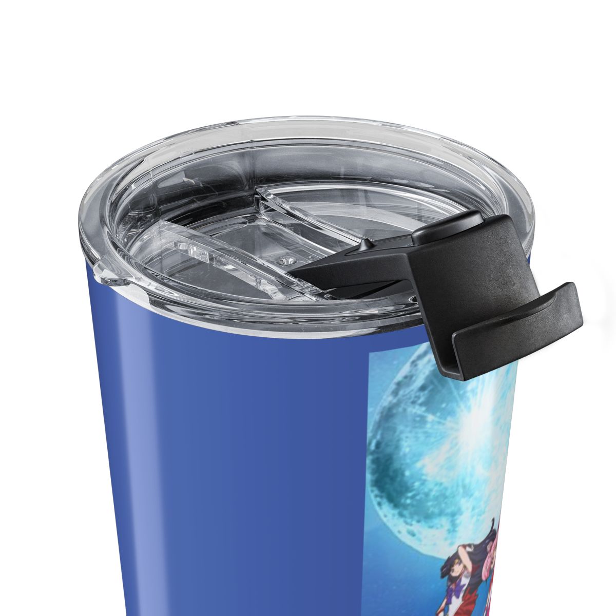 A white Stanley tumbler with a gold rim, handle, and straw. The tumbler features gold illustrations of anime characters and symbols. The Stanley logo is printed in blue. The tumbler is designed for... - alternate angle 5, merchandise