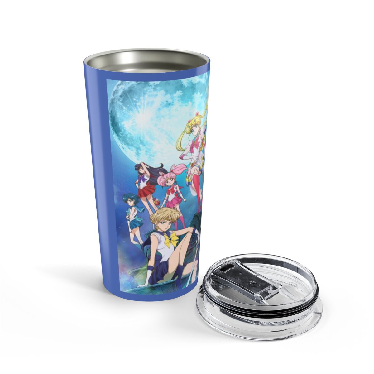 A white Stanley tumbler with a gold rim, handle, and straw. The tumbler features gold illustrations of anime characters and symbols. The Stanley logo is printed in blue. The tumbler is designed for... - alternate angle 4, merchandise